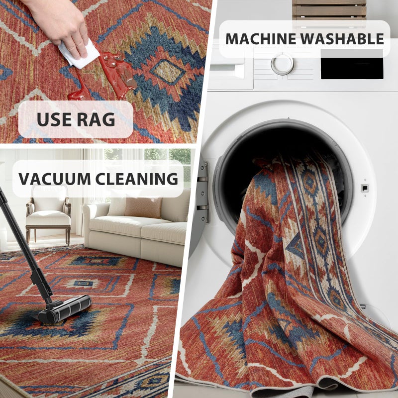 BESTSWEETIE 5x7 Area Rugs  Washable 5x7 Rugs  Non Slip Floor Carpet  Low Pile Water Repellent Ultra Soft Moroccan Rugs for Living Room Indoor-Red/Orange - Image 5