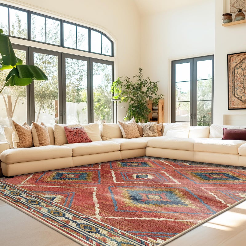 BESTSWEETIE 5x7 Area Rugs  Washable 5x7 Rugs  Non Slip Floor Carpet  Low Pile Water Repellent Ultra Soft Moroccan Rugs for Living Room Indoor-Red/Orange - Image 2