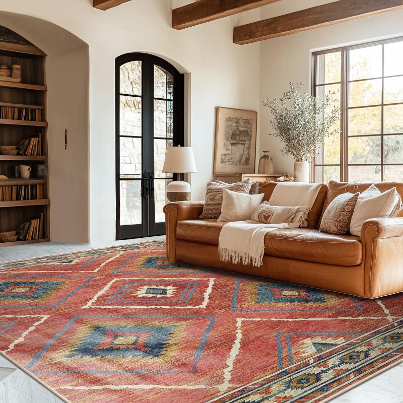 BESTSWEETIE 5x7 Area Rugs  Washable 5x7 Rugs  Non Slip Floor Carpet  Low Pile Water Repellent Ultra Soft Moroccan Rugs for Living Room Indoor-Red/Orange - Image 1