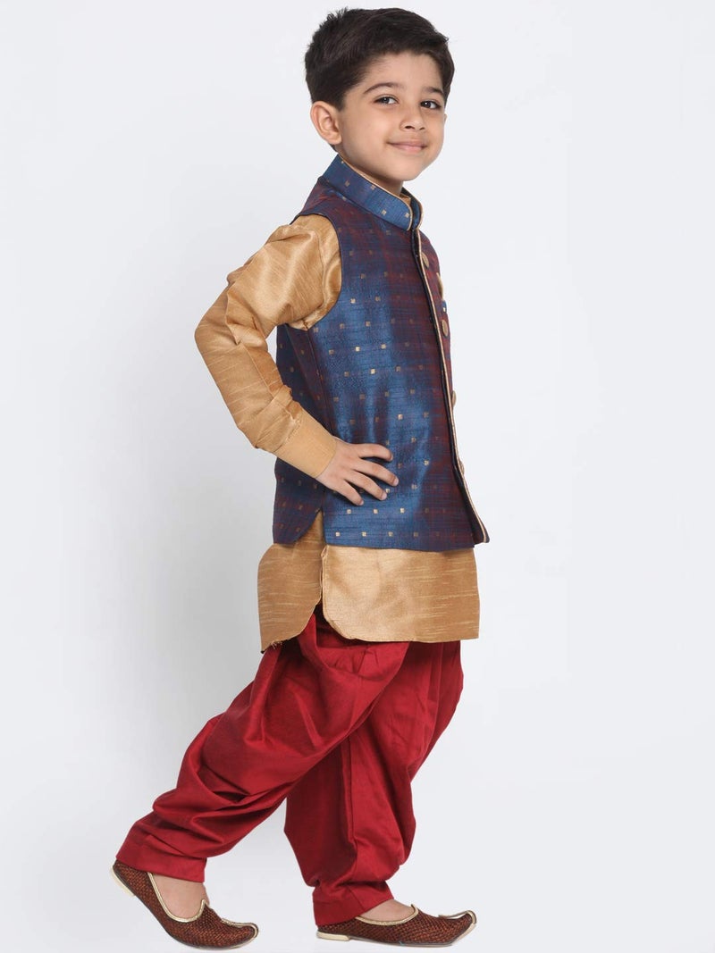 JBN Creation Boys Silk Blend Rose Gold, Persian Blue and Maroon Kurta Pyjama Jacket Set - Ethnic Elegance for Festivals_VASnBJ009BUnBUK001RGnCDMA_20 - Image 2
