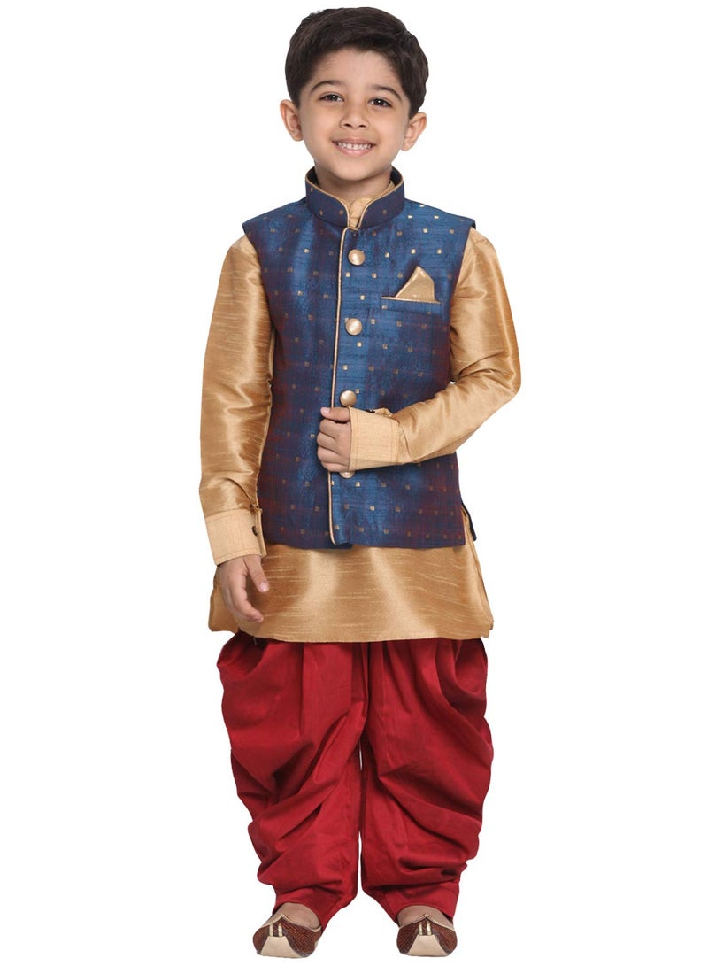 JBN Creation Boys Silk Blend Rose Gold, Persian Blue and Maroon Kurta Pyjama Jacket Set - Ethnic Elegance for Festivals_VASnBJ009BUnBUK001RGnCDMA_20 - Image 1