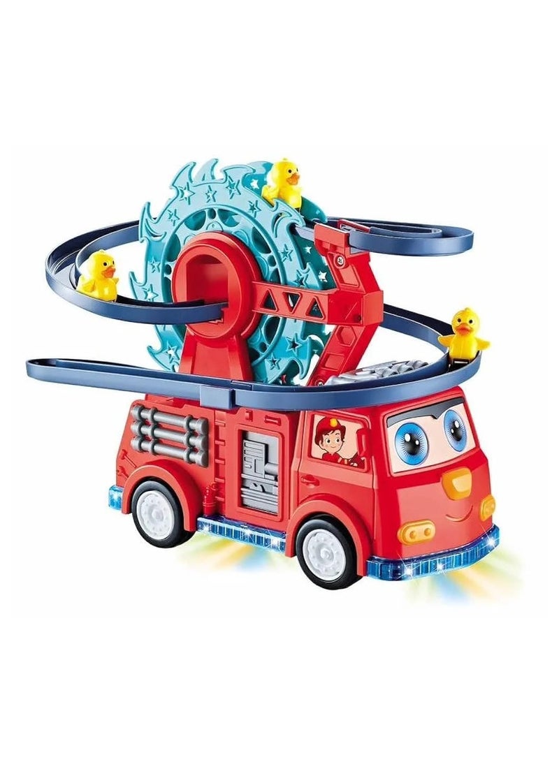 2-in-1 Fire Engine Duck Slide Toy Set with Automatic Racing Track, Ferris Wheel, Lights, Music & Universal Wheels – Fun Learning Toy for Kids (Movable Eyes & Colorful Design) - Image 1