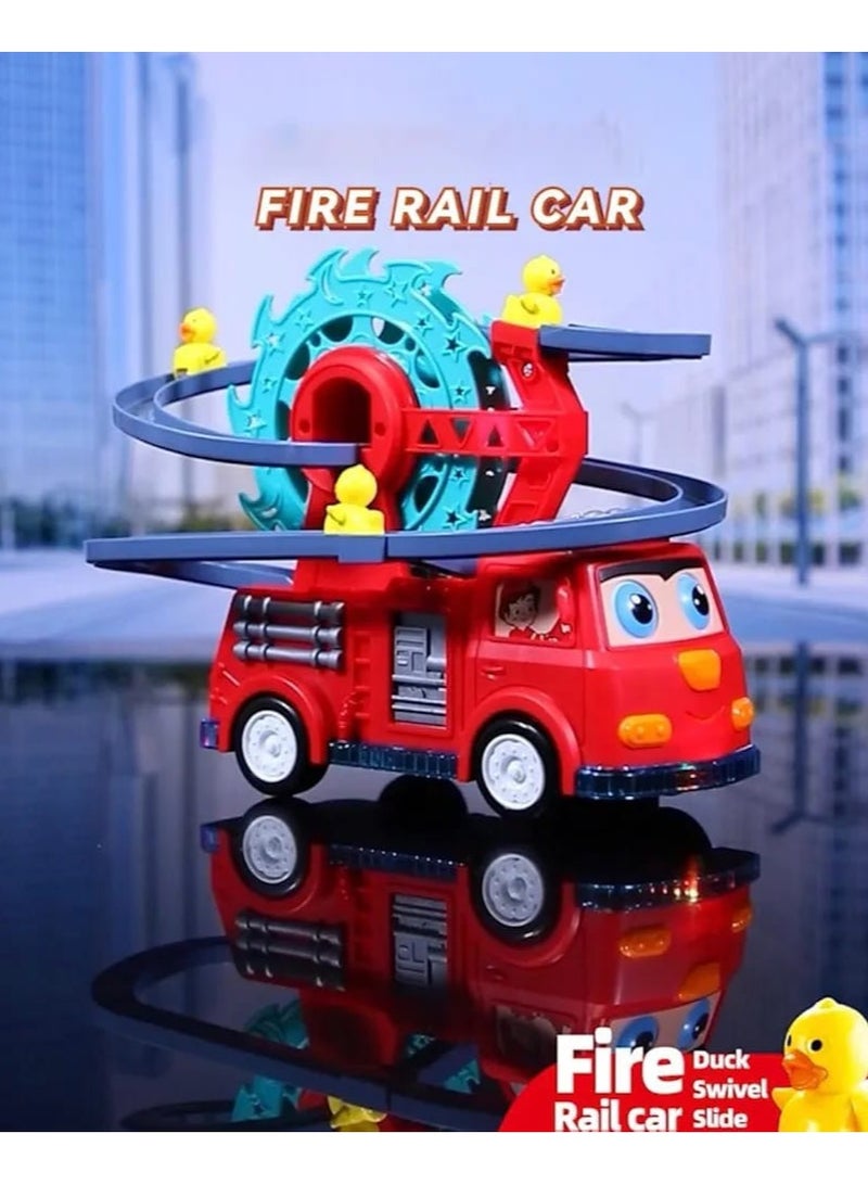 2-in-1 Fire Engine Duck Slide Toy Set with Automatic Racing Track, Ferris Wheel, Lights, Music & Universal Wheels – Fun Learning Toy for Kids (Movable Eyes & Colorful Design) - Image 2