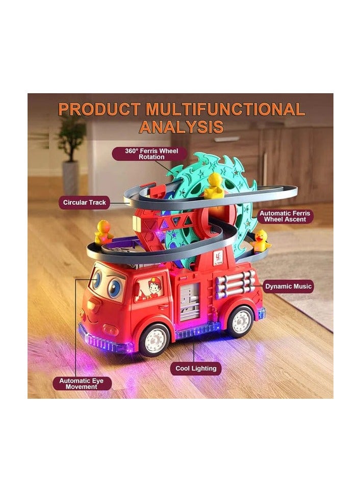 2-in-1 Fire Engine Duck Slide Toy Set with Automatic Racing Track, Ferris Wheel, Lights, Music & Universal Wheels – Fun Learning Toy for Kids (Movable Eyes & Colorful Design) - Image 4