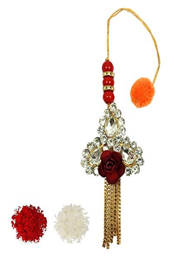 Evisha Stone with Paper Flowers Traditional Lumba Chuda Hanging Rakhi for Bhabhi (White) - Image 1