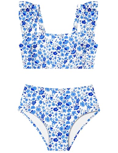 ZAANTI Teen Bathing Suits for Girls 14-16 Ruched Ruffle Trim Adjustable Shoulder Straps Teen Girls Swimsuits with Removable Chest Pad Blue＋Floral Print High Waist Bathing Suits with Shorts - Image 1