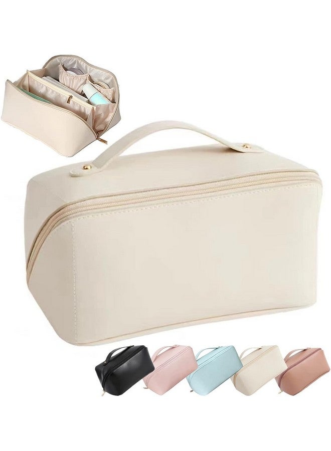 OffyBird Large Capacity Travel Makeup Bag for Women - Portable Leather Cosmetic Organizer with Handle, Divider & Wide Opening, Perfect for Toiletry & Makeup Storage (White) - Image 1