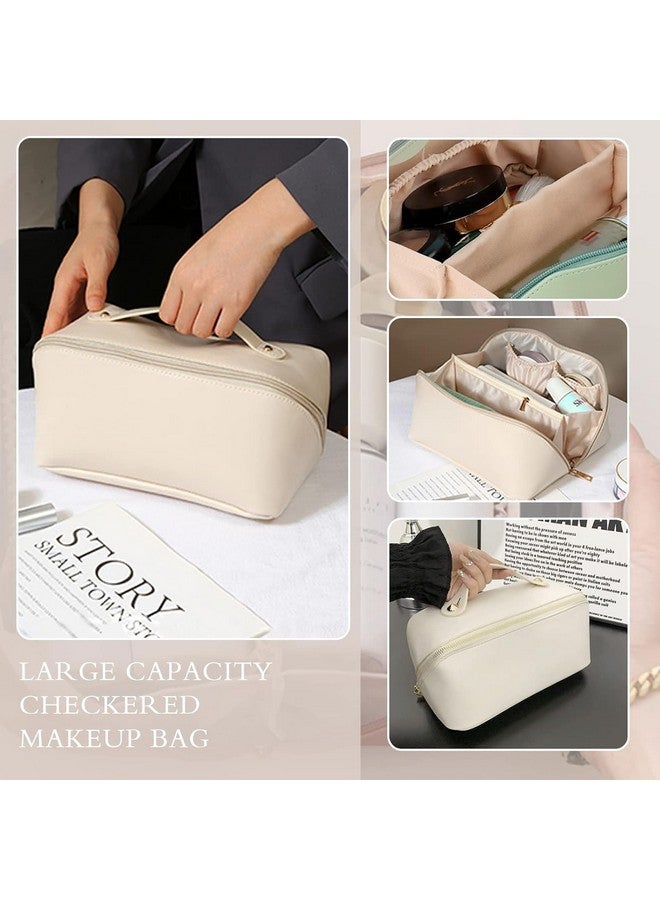 OffyBird Large Capacity Travel Makeup Bag for Women - Portable Leather Cosmetic Organizer with Handle, Divider & Wide Opening, Perfect for Toiletry & Makeup Storage (White) - Image 4