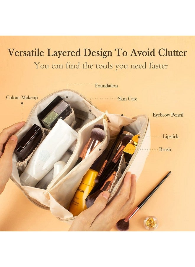 OffyBird Large Capacity Travel Makeup Bag for Women - Portable Leather Cosmetic Organizer with Handle, Divider & Wide Opening, Perfect for Toiletry & Makeup Storage (White) - Image 3