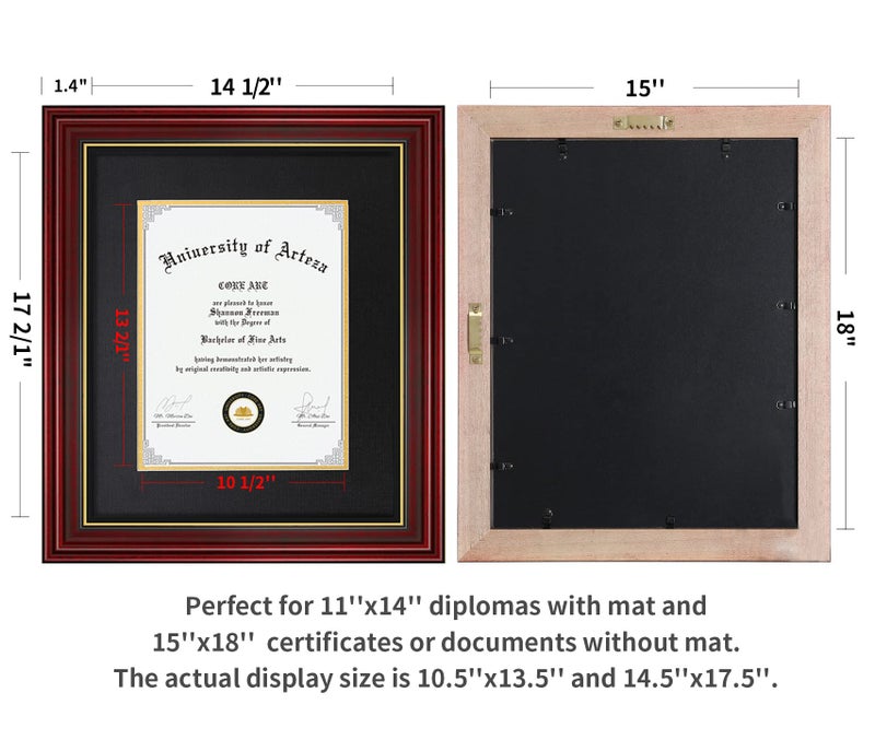 CORE ART Diploma Frame Display 11x14 Document with Mat or 15x18 Pictures without Mat, Real Wood Wall Frame with Tempered Glass(Cherry Red) - Image 4
