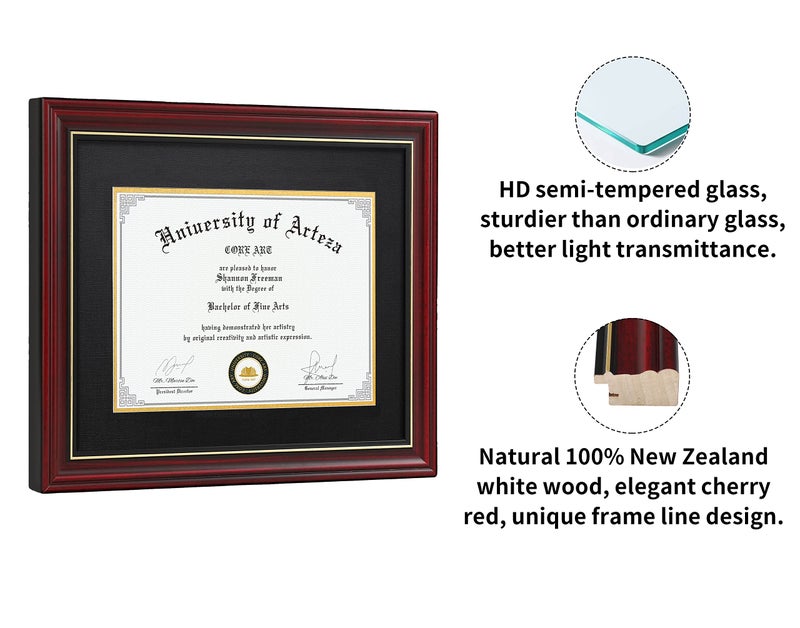 CORE ART Diploma Frame Display 11x14 Document with Mat or 15x18 Pictures without Mat, Real Wood Wall Frame with Tempered Glass(Cherry Red) - Image 2