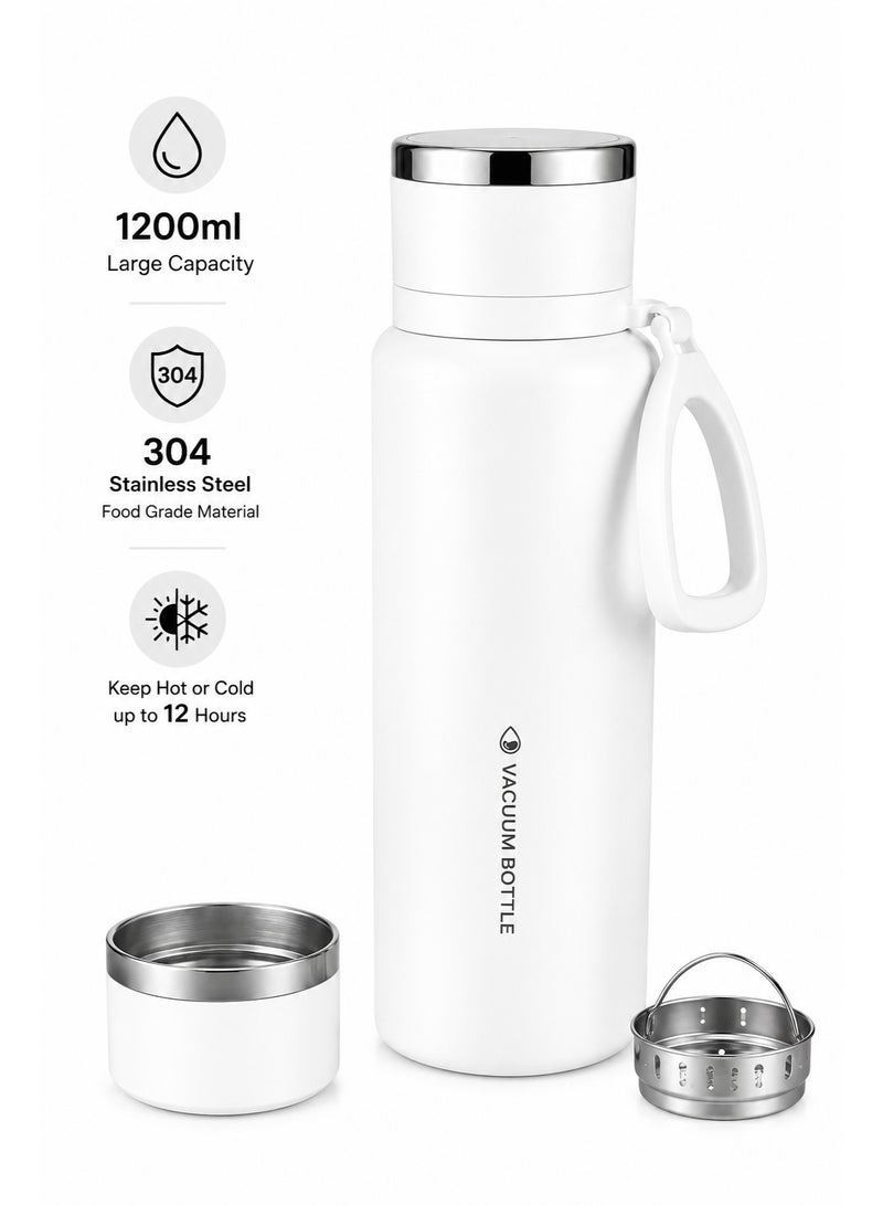 White 1200Ml Insulated Water Bottle With Tea Infuser, Cup & Carry Handle, 304 Stainless Steel Vacuum Thermos Flask For Hot & Cold Drinks, Travel & Outdoor - Image 1