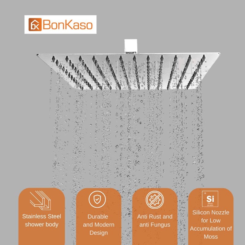 BonKaso Square Slim Rain Shower Head 8 Inch Stainless Steel Chrome Finish Wall Mounted LongLasting RustFree Corrosion Resistant Relaxing SpaLike Bath Experience Deluge - Image 2
