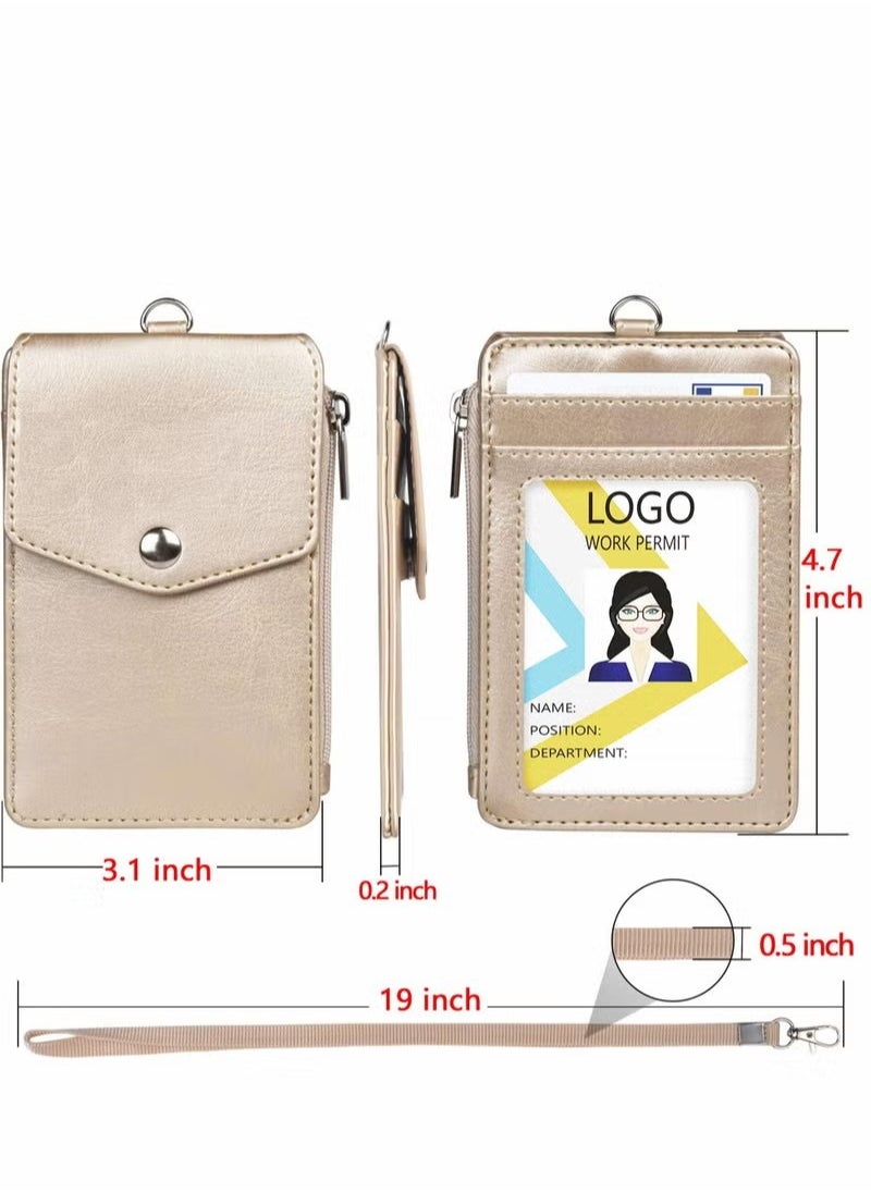 Generic - Badge Holder with Zipper PU Leather ID Card Wallet 1 Clear Window and 3 Slots Secure Cover Nylon Lanyard for Office School ID, Credit Cards, Driver Licence - Image 1