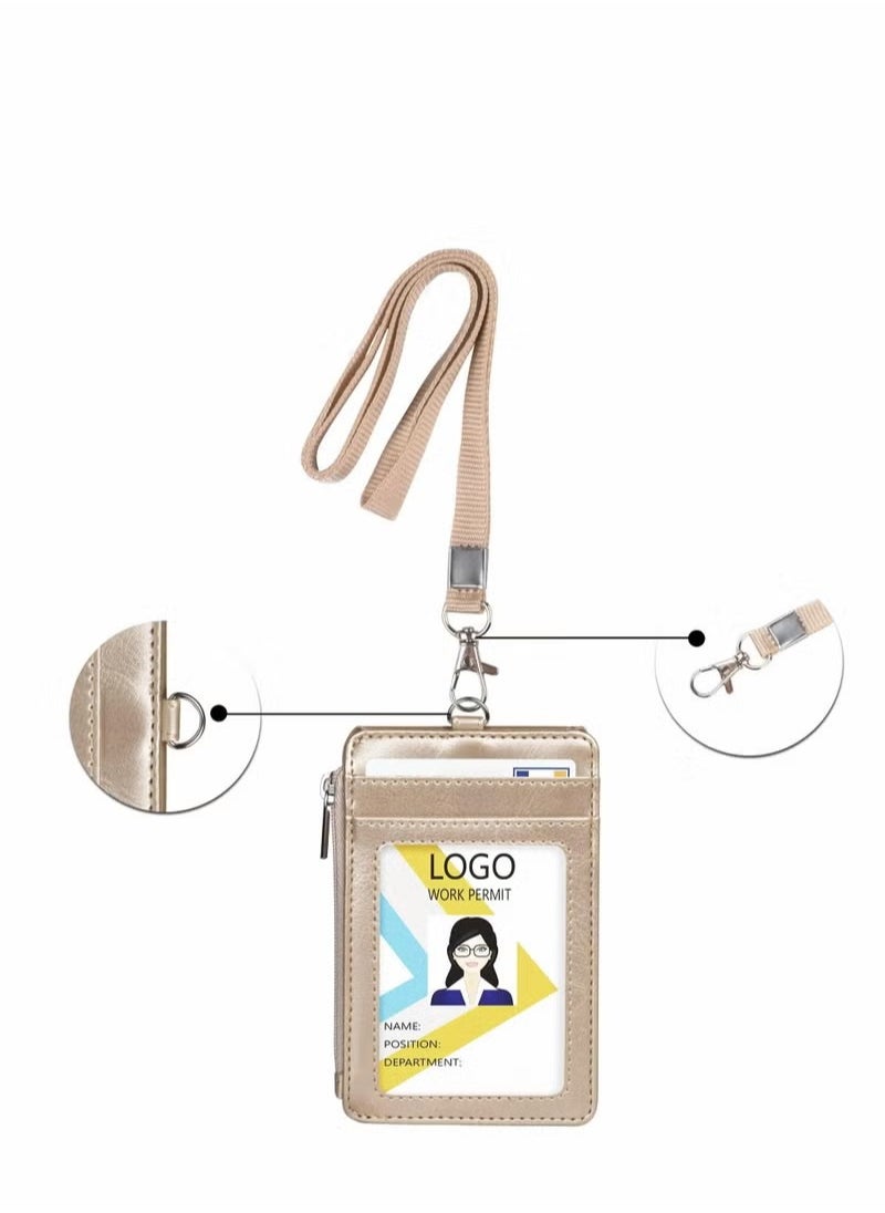 Generic - Badge Holder with Zipper PU Leather ID Card Wallet 1 Clear Window and 3 Slots Secure Cover Nylon Lanyard for Office School ID, Credit Cards, Driver Licence - Image 1