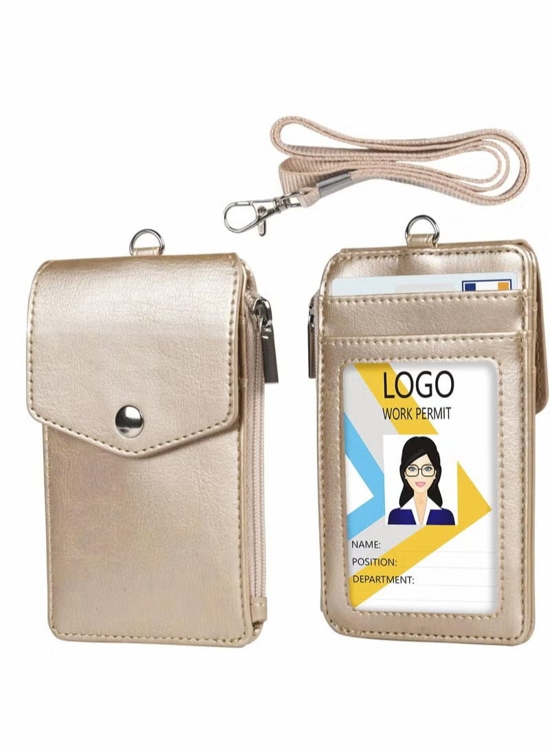 Generic - Badge Holder with Zipper PU Leather ID Card Wallet 1 Clear Window and 3 Slots Secure Cover Nylon Lanyard for Office School ID, Credit Cards, Driver Licence - Image 1