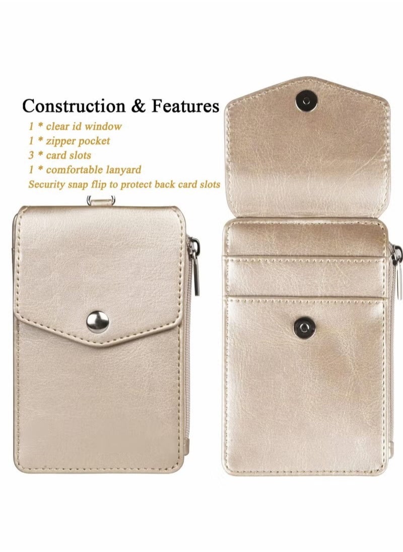 Generic - Badge Holder with Zipper PU Leather ID Card Wallet 1 Clear Window and 3 Slots Secure Cover Nylon Lanyard for Office School ID, Credit Cards, Driver Licence - Image 1