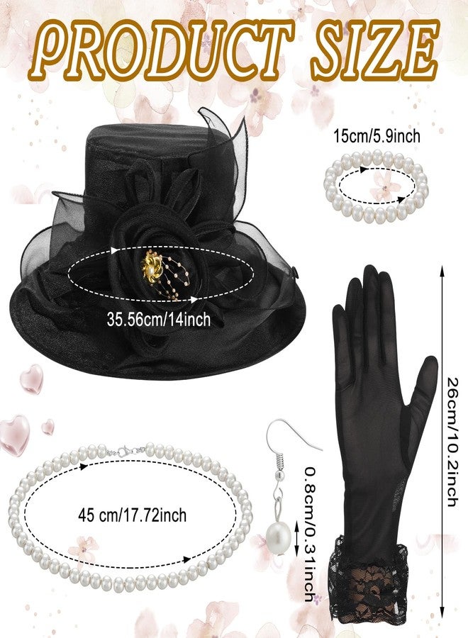 Aurelema 5 Pcs Fascinator Hat for Women Tea Party Hat and Gloves Set Wide Brim Hat Pearl Necklace Bracelet and Earring (Black) - Image 2