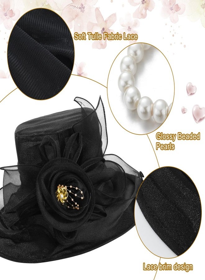 Aurelema 5 Pcs Fascinator Hat for Women Tea Party Hat and Gloves Set Wide Brim Hat Pearl Necklace Bracelet and Earring (Black) - Image 3