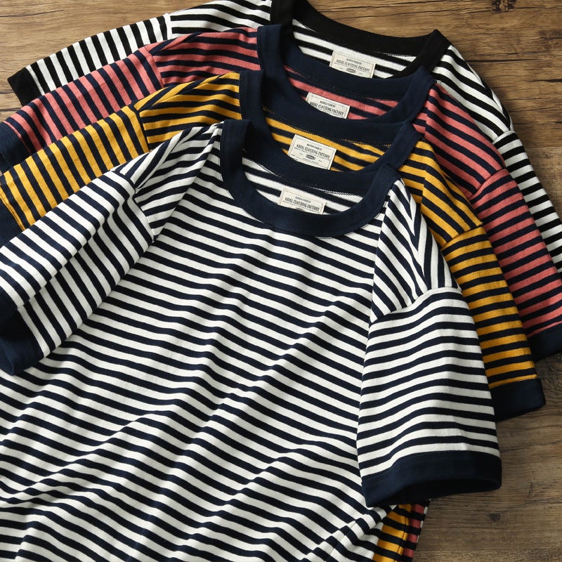 Heavy Weight 280G Retro T-Shirt Japanese Style Round Neck Blue And White Stripesd Short-Sleeved Sea Soul Shirt For Men And Women - Image 3