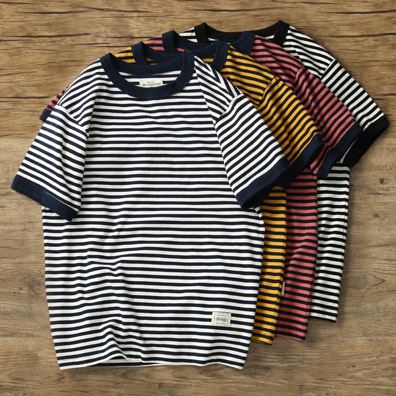 Heavy Weight 280G Retro T-Shirt Japanese Style Round Neck Blue And White Stripesd Short-Sleeved Sea Soul Shirt For Men And Women - Image 2