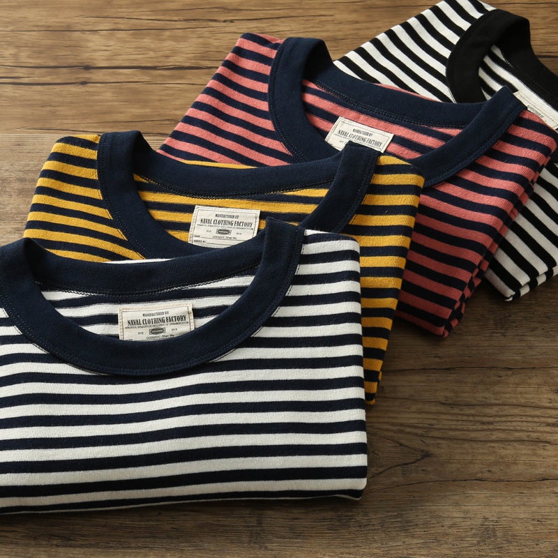 Heavy Weight 280G Retro T-Shirt Japanese Style Round Neck Blue And White Stripesd Short-Sleeved Sea Soul Shirt For Men And Women - Image 4