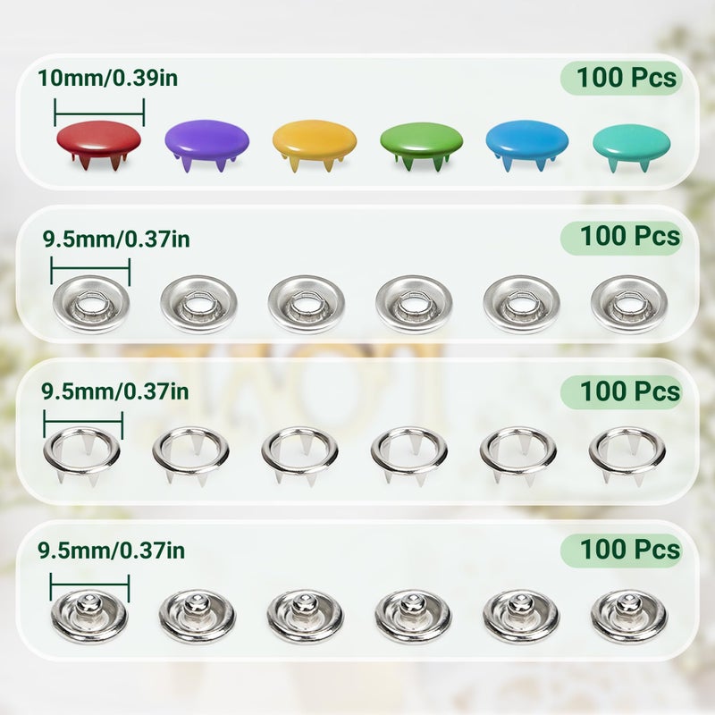 PIGORY Metal Snap Button Kit, 10 Colors Solid Snaps for Fabric with Fastener Pliers Press Tool Kit, 9.5mm Sewing Snaps for DIY Crafting Clothing(100Set) - Image 2