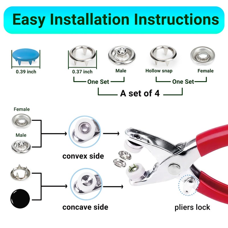 PIGORY Metal Snap Button Kit, 10 Colors Solid Snaps for Fabric with Fastener Pliers Press Tool Kit, 9.5mm Sewing Snaps for DIY Crafting Clothing(100Set) - Image 3