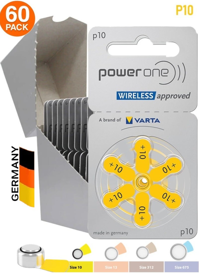 Power One 1.45V Original High Level Hearing Aid Batteries PowerOne P10 Pack Of 60 Pieces (German)  - Image 1