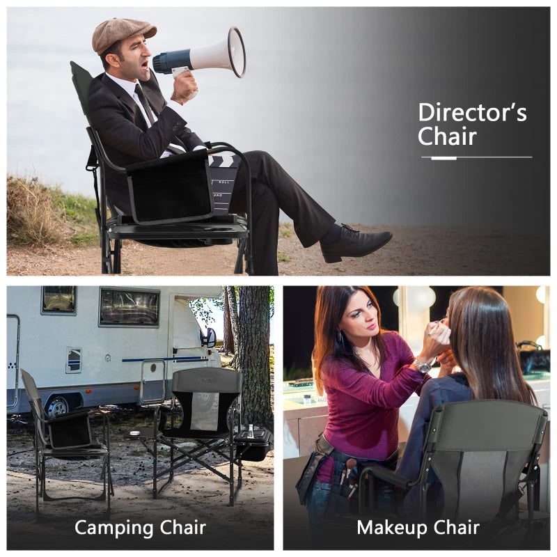 COSTWAY Folding Camping Chair, Heavy-Duty Director Chair Supports 400lbs for Adults with Side Table, Cooler Bag, Storage, Strap, Portable Makeup Chair Suitable for Fishing Picnic, Black - Image 5