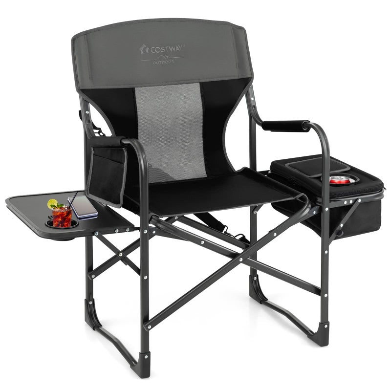 COSTWAY Folding Camping Chair, Heavy-Duty Director Chair Supports 400lbs for Adults with Side Table, Cooler Bag, Storage, Strap, Portable Makeup Chair Suitable for Fishing Picnic, Black - Image 1