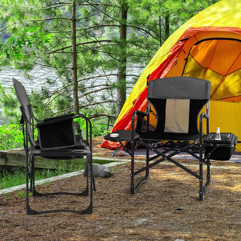COSTWAY Folding Camping Chair, Heavy-Duty Director Chair Supports 400lbs for Adults with Side Table, Cooler Bag, Storage, Strap, Portable Makeup Chair Suitable for Fishing Picnic, Black - Image 3