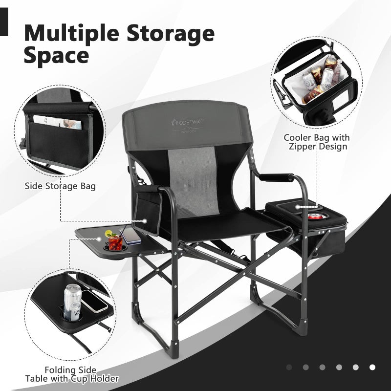 COSTWAY Folding Camping Chair, Heavy-Duty Director Chair Supports 400lbs for Adults with Side Table, Cooler Bag, Storage, Strap, Portable Makeup Chair Suitable for Fishing Picnic, Black - Image 4