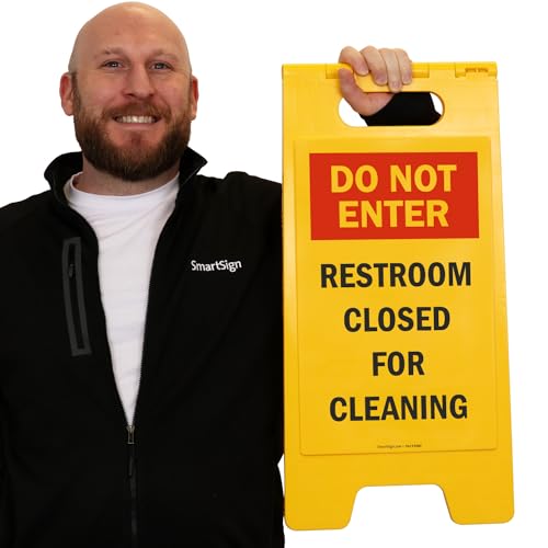 SmartSign 25 x 12 inch “Do Not Enter - Restroom Closed For Cleaning” Two-Sided Folding Floor Sign, Plastic, Red, Black and Yellow - Image 2