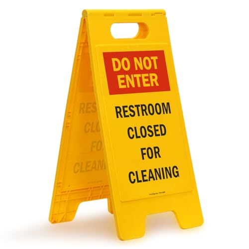 SmartSign 25 x 12 inch “Do Not Enter - Restroom Closed For Cleaning” Two-Sided Folding Floor Sign, Plastic, Red, Black and Yellow - Image 1
