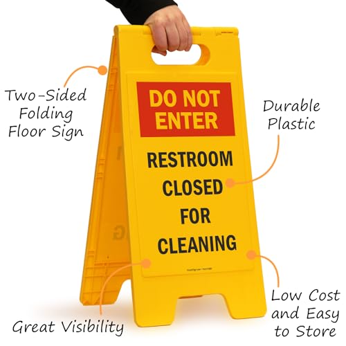 SmartSign 25 x 12 inch “Do Not Enter - Restroom Closed For Cleaning” Two-Sided Folding Floor Sign, Plastic, Red, Black and Yellow - Image 5