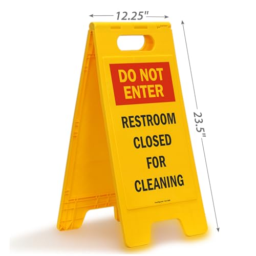 SmartSign 25 x 12 inch “Do Not Enter - Restroom Closed For Cleaning” Two-Sided Folding Floor Sign, Plastic, Red, Black and Yellow - Image 3