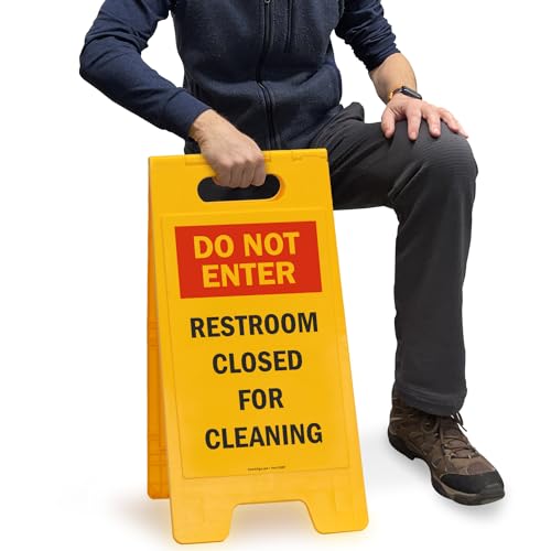 SmartSign 25 x 12 inch “Do Not Enter - Restroom Closed For Cleaning” Two-Sided Folding Floor Sign, Plastic, Red, Black and Yellow - Image 4
