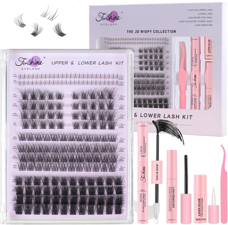 Fenshine Cluster Lashes Individual Lashes Kit 3D WISPY LASH KIT 1018mm Length DIY Eyelash Extension Individual Soft False for Personal Use at Home 4 IN 1 WISPY LASH KIT 3D T02 1018mm