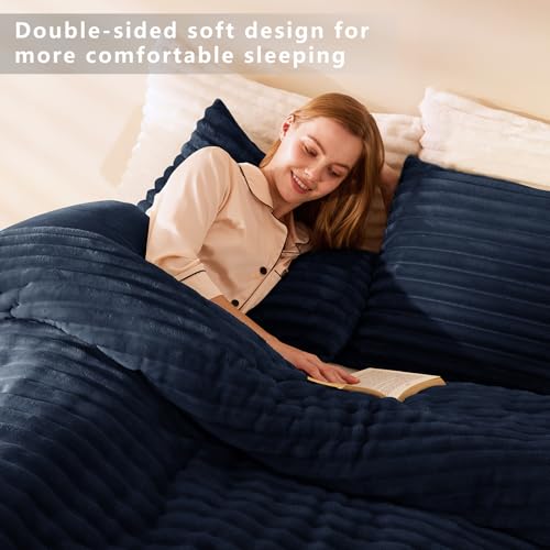 CozyLux Fluffy King Size Comforter Set - Super Soft Faux Fur Navy Blue Comforter King Size, Winter Warm Fleece Bedding Set, 3 Pieces Plush Fuzzy Bed Set (1 Shaggy Comforter, 2 Pillowcases) - Image 4