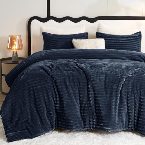 CozyLux Fluffy King Size Comforter Set - Super Soft Faux Fur Navy Blue Comforter King Size, Winter Warm Fleece Bedding Set, 3 Pieces Plush Fuzzy Bed Set (1 Shaggy Comforter, 2 Pillowcases) - Image 1