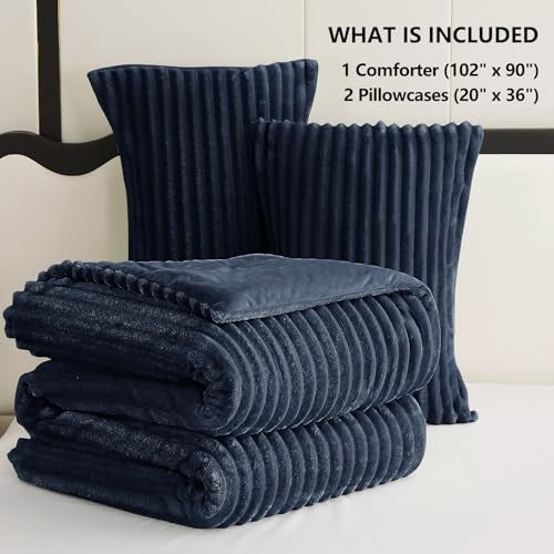 CozyLux Fluffy King Size Comforter Set - Super Soft Faux Fur Navy Blue Comforter King Size, Winter Warm Fleece Bedding Set, 3 Pieces Plush Fuzzy Bed Set (1 Shaggy Comforter, 2 Pillowcases) - Image 3