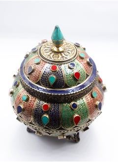 Alpine Crystals UAE Antique Filigree Treasure Pot Home Decoration Turquoise Crystal, Rubies and Emeralds Gemstones, Lapis Lazuli Crystal  - Image 2