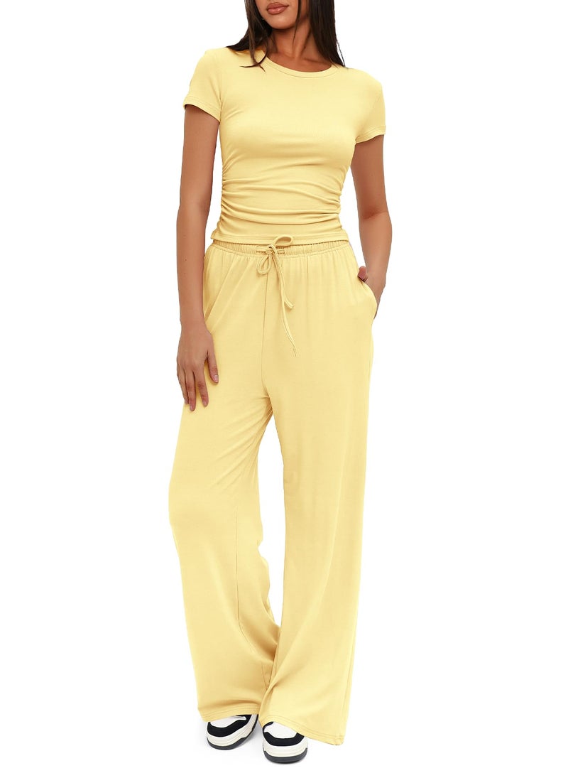 Darong Women's 2 Piece Set Outfits Lounge Sets Ruched Short Sleeve Tops High Waisted Wide Leg Pants Tracksuit Sets 9042A(inseam28-29) Light Yellow M - Image 1