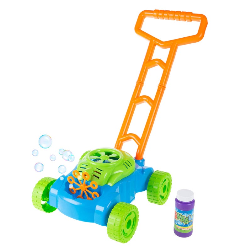 Hey! Play! Bubble Lawn Mower - Outside Push Lawnmower Bubble Blower Machine for Toddlers - Walk Behind Outdoor Activity for Kids by Hey Play (Blue) - Image 1