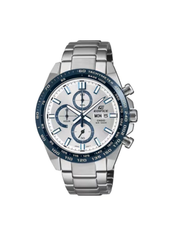 كاسيو إيدفيس EFR-574DE-7AVUDF ساعة رجالية كرونوغراف رياضية – وجه فضي/أبيض , سوار ستانلس ستيل , إطار تاكيمتر مطلي أيون , يوم وتاريخ , مقاومة للماء 100م