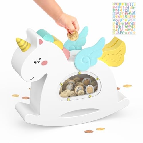 Summidate Unicorn Piggy Bank for Kids GirlsWooden Rocking Money Banks for ToddlersUnbreakable Wood Coin Saving Box Personalized Present Toys for Child Birthday Decor - Image 1