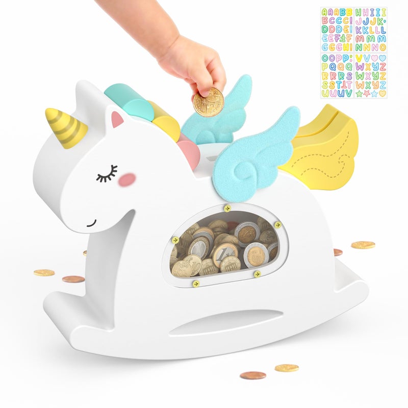 Summidate Unicorn Piggy Bank for Kids GirlsWooden Rocking Money Banks for ToddlersUnbreakable Wood Coin Saving Box Personalized Present Toys for Child Birthday Decor - Image 3