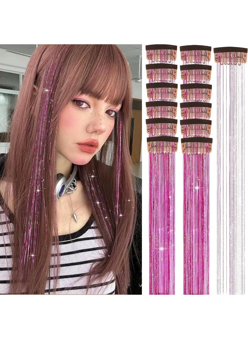 12Pcs Clip in Hair Tinsel Kit, 20 Inch Hair Extensions Heat Resistant Fairy Hair Tinsel Kit, Glitter Hair Tensile Clip, Accessories for Women Festival Party Gift (Pink) - Image 1