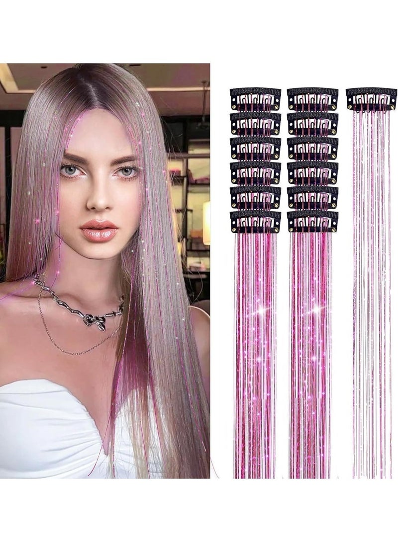 12Pcs Clip in Hair Tinsel Kit, 20 Inch Hair Extensions Heat Resistant Fairy Hair Tinsel Kit, Glitter Hair Tensile Clip, Accessories for Women Festival Party Gift (Pink) - Image 1